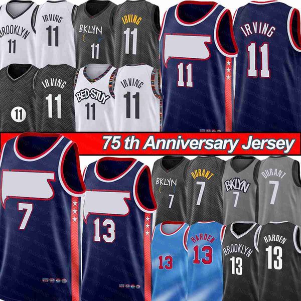 

kevin 7 durant basketball''nba''jersey irving 11 kyrie 13 harden mens t-shirt brooklynes city 75th anniversary net black, Black;red