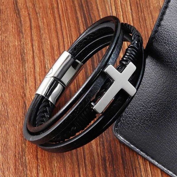 

charm cross style multi layer design stainless steel fashion men's leather bracelet classic gift for men 2 different styles ch py9h, Golden;silver