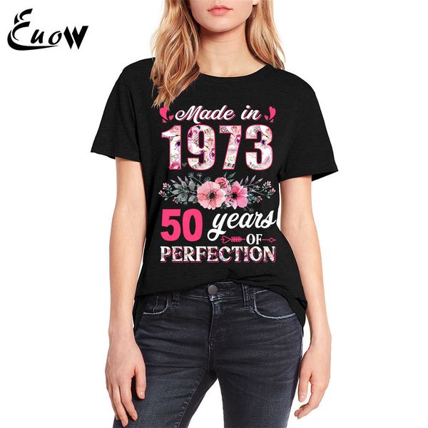 

womens tshirt euow colored cotton vintage made in 1973 floral 50 year old 50th birthday gifts women casual flowers girl clothing print t shi, White