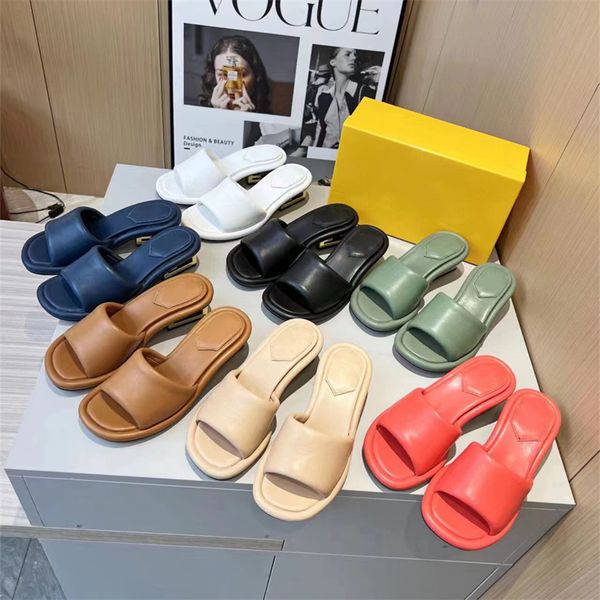 

designer women's slippers genuine leather fashion all-in-one l mid-heel comfortable soft tow super soft sheepskin sandals with box larg, Black