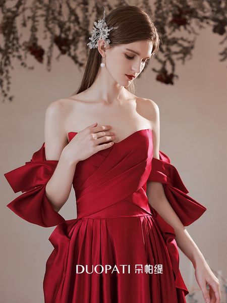 

satin strapless celebrity dress burgundy ruffle pleated a line sleeveless bow french lace up ball evening party quinceanera gown, Black;red
