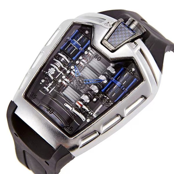 

poison's sports car concept racing style six-cylinder engine compartment creative watch men's trend fashion watch, Slivery;brown