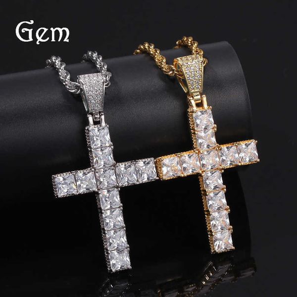 

hip-hop square zirconia cross necklace punk personality male and female couples pendant accessories 0427, Silver