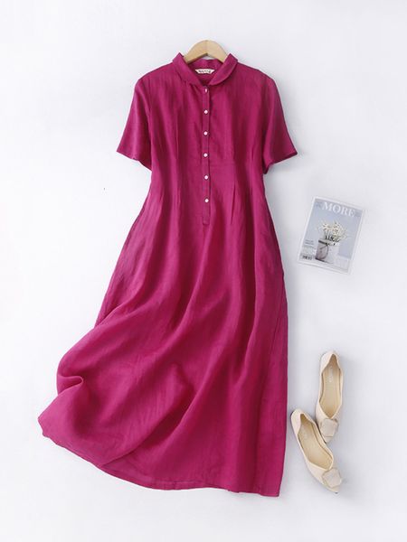 

casual dresses summer women's dress cotton linen waist thin white polo neck short sleeve medium length warm literature long sleeve 2304, Black;gray