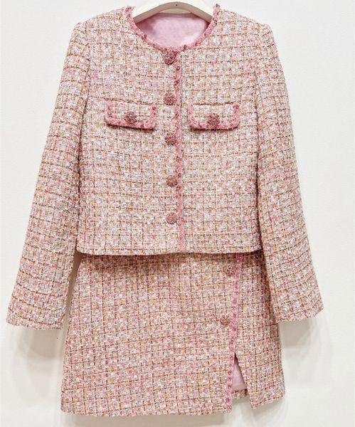 

two piece dress aw women's two-piece pink tweed round neck coatanti-skid mini dress with sequins and diamonds 230407, White