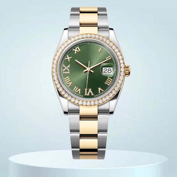 

hand made diamonds watch relojes date 8215 mechanical movement 36mm 41mm sapphire waterproof green Roman numeral diamond dial 904L steel mens watch womens montre, Sz8
