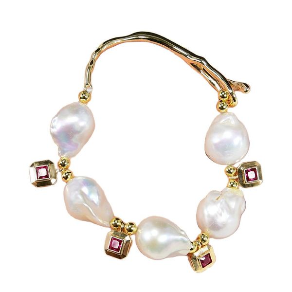 

chakras freshwater cultured white baroque pearl red cz bracelet handmade natural pearl gold plated bangle bracelet lady gifts, Black