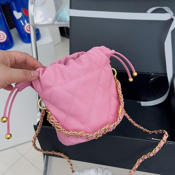 

classic mini drawstring bucket bags caviar leather cowhide 3 colors trendy handle totes gold metal hardware matelasse chain crossbody should