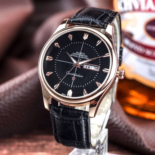 

three needle series luxury mens watches dual calendar function quartz watch designer wristwatches luxury brand fashion leather strap, Slivery;brown