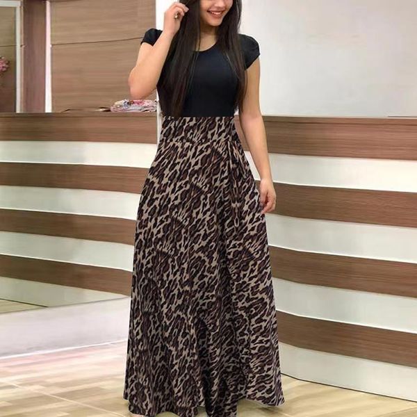 

casual dresses elegant women's o-neck short sleeve tight long dress spring summer leopard dot print robe maxi vestidos plus size 230407, Black;gray