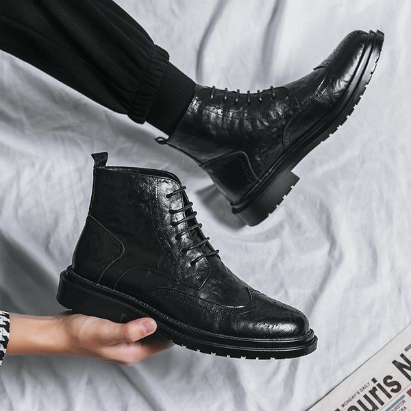 

block boots men pu black side low heel lace ankle short tube carved fashion business daily dress comfortable martin boots