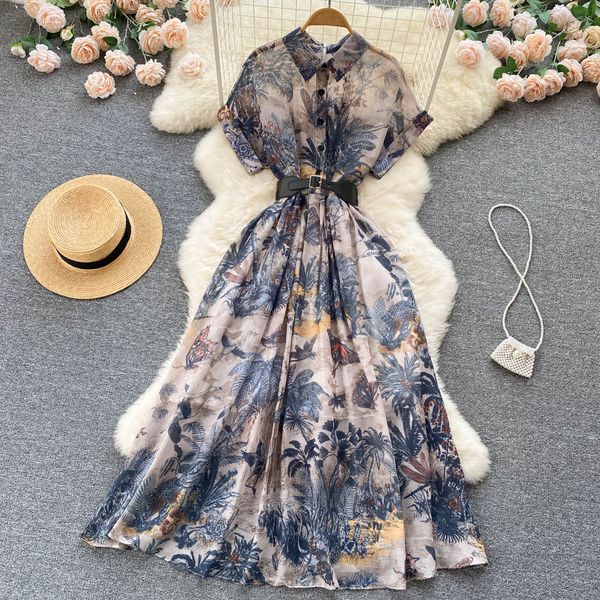 

summer high-class sense of celebrity temperament dress ink painting printing waist lapel single breasted a-line large swing skirt, Black;gray