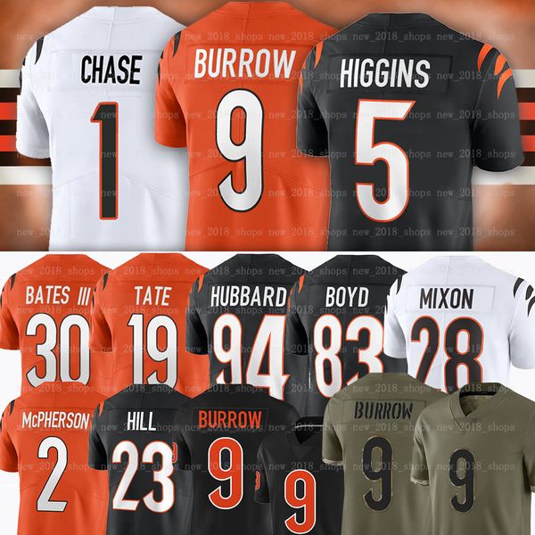 

cincinnatis 9 joe burrow bengal football jerseys ja'marr chase evan mcpherson tee higgins sam hubbard tyler boyd joe mixon jessie bates, Black;red