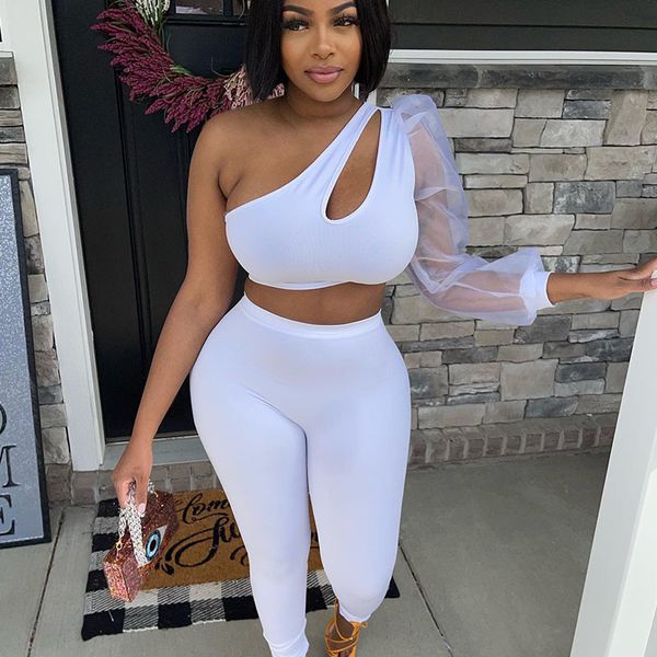 

women s two piece pants one shoulder 2 set for women party club cut out puff sleeve crop and pencil sets elegant birthday outfits 230407, White