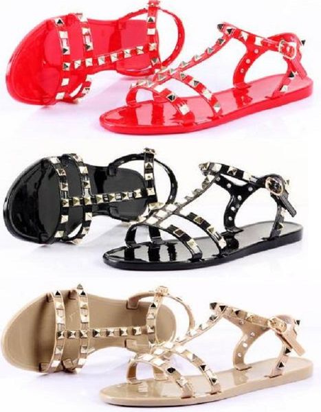 

women jelly sandals t-strap sandal summer flat base rivets shoes ladies sexy, Black
