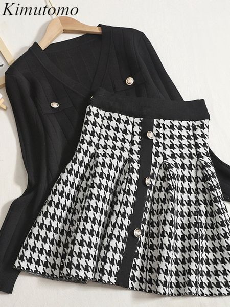 

two piece dress kimutomo's elegant two-piece knit set women's gentle v-neck single breasted cardigan high waisted plain short slee, White