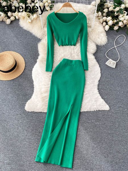 

two piece dress split autumn fashion two piece v-neck mini igh waist long dress women's street clothing solid knit set 230407, White