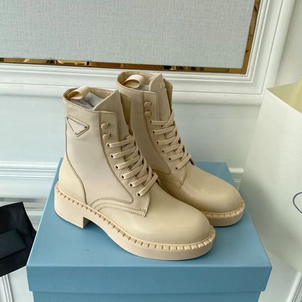 

combat boots flats booties beige calf leather trim patchwork nylon ankle rounded toe flat side logo triangle luxury designer lace-up vamp fo, Black