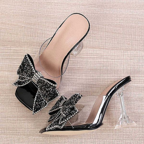 

new slippers new transparent slippers for women fashion silver crystal bowknot high heels female mules slides summer sandals shoes 230406, Black