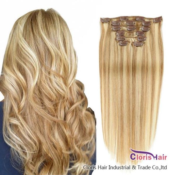 

highlight honey blonde clips in on human hair extensions panio color 27613 straight brazilian remy colored weave clip ins thick 73273999, Black;brown