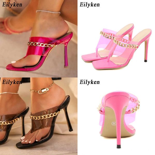 

sandals fashion metal chain designer shoes women stiletto high heels slippers mei red pvc transparent jelly sandals flip flops 230316, Black