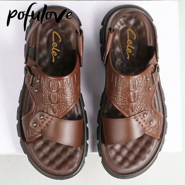 

sandals pofulove men s summer split leather beach shoes thick soles anti slip breathable dual purpose slippers drop shopping 230407, Black