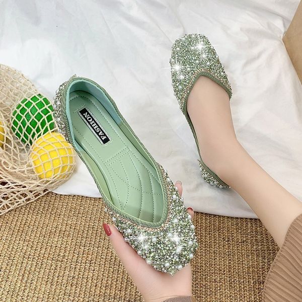 

sandals glitter crystal pearl pink flats ballet shoe moccasins square toe slip on summer loafers shallow ballerina female 230407, Black