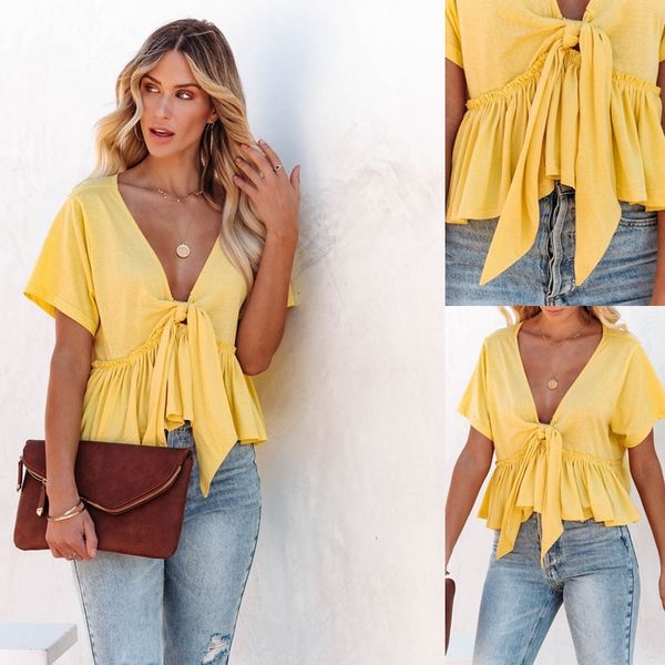 

women's t shirts women's t-shirt short-sleeved v-neck shirt pleated hem front lace-up crop lightweight basic summer, White