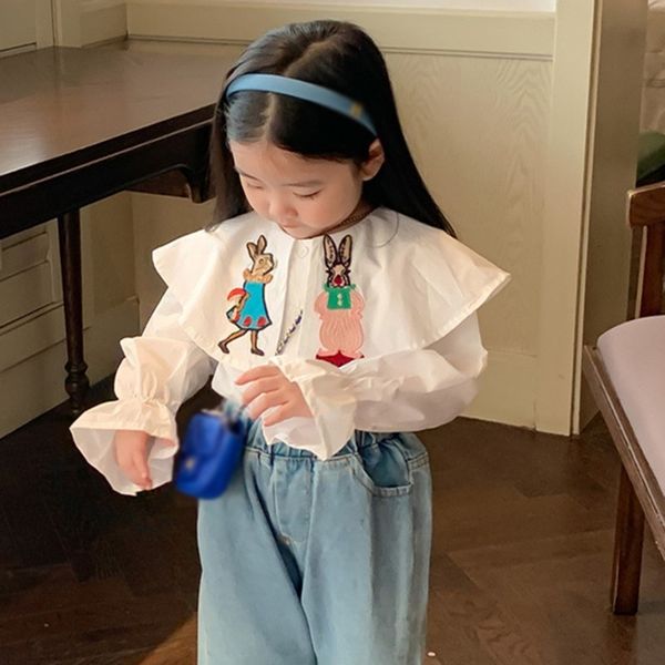 

kids shirts children girl clothes embroidered cartoon big lapel autumn spring white black korean casual girl s blouse 230407