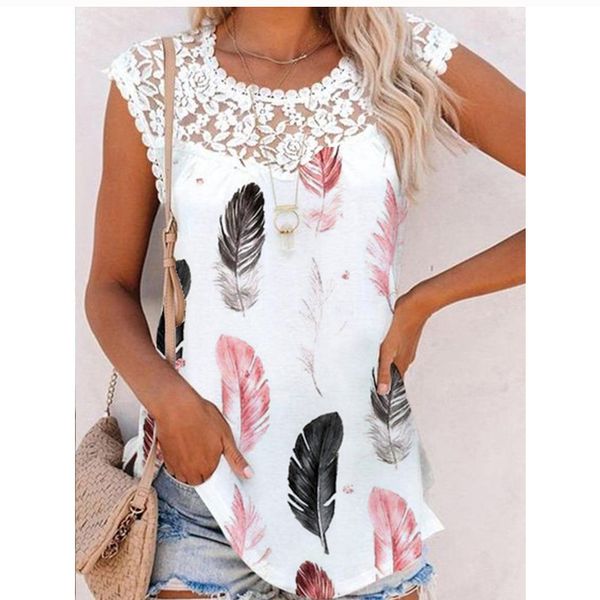 

womens tshirt summer lace trim splicing o neck tshirt women vest fashion print casual loose cotton sweet style female daily tees 5xl 230406, White