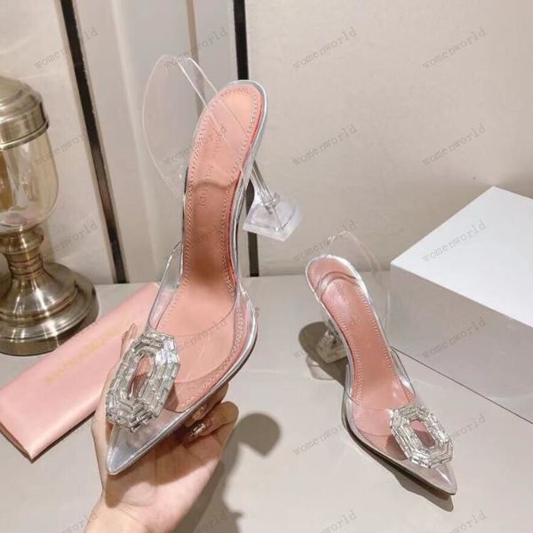 

luxury designer amina muaddi sandals new clear begum glass pvc crystal transparent slingback sandal heel pumps 100mm crystal-embellished sli, Black
