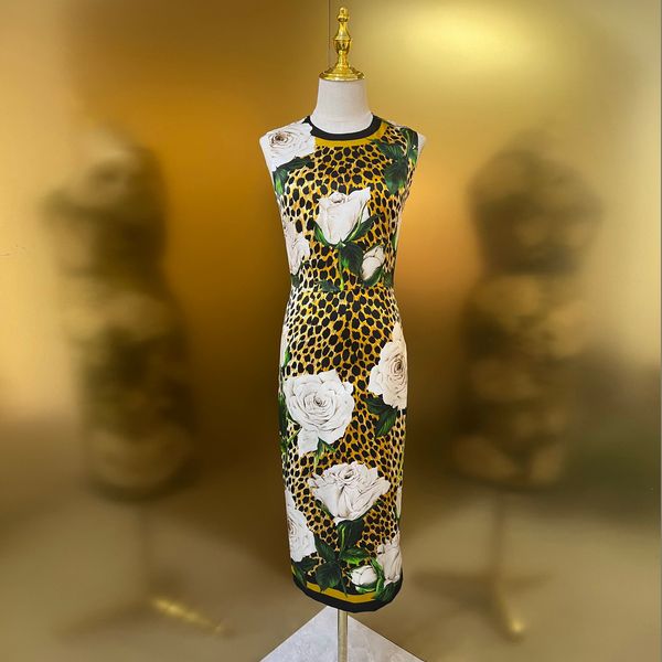 

womens dress sleeveless leopard white rose printed silk midi dress, White;black