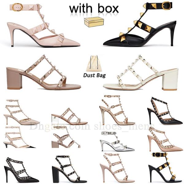 

with box designer heel sandal womens dress shoes designer sandles rockstud kitten high woman heel leather rivet bottega gold white dhgate sl, Black