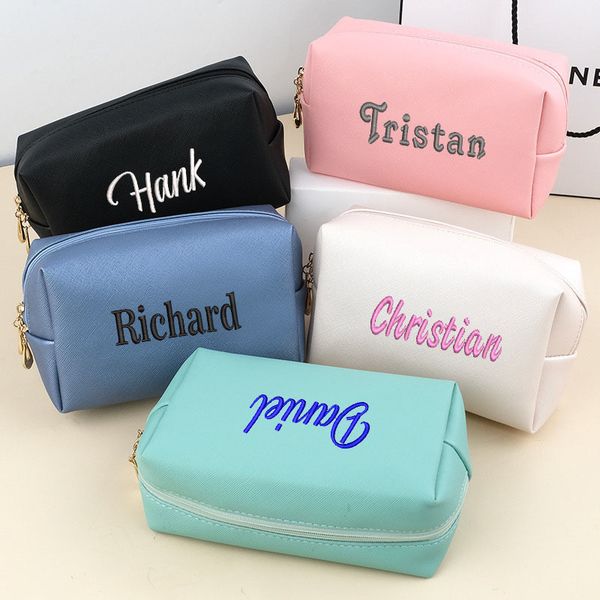 

cosmetic bags cases personalized embroidery makeup hand held portable square waterproof pu toiletry large capacity travel wedding supplies 2
