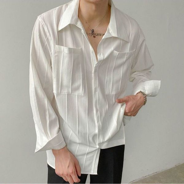 

men s casual shirts fashion lapel button spliced pockets all match clothing 2023 spring loose solid color korean shirt 230407, White;black