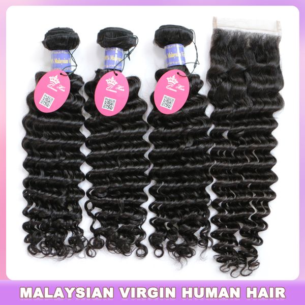 

deep wave human hair bundles with closure malaysian hair weave bundles with lace closure virgin raw hair extensions queen hair official stor, Black;brown