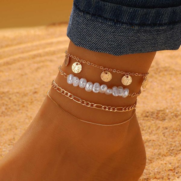 

anklets 4/5/6/7pcs fashion metal pearl ankle bracelets leaf pendant foot chain for women summer beach jewelry accessories aa230406, Red;blue