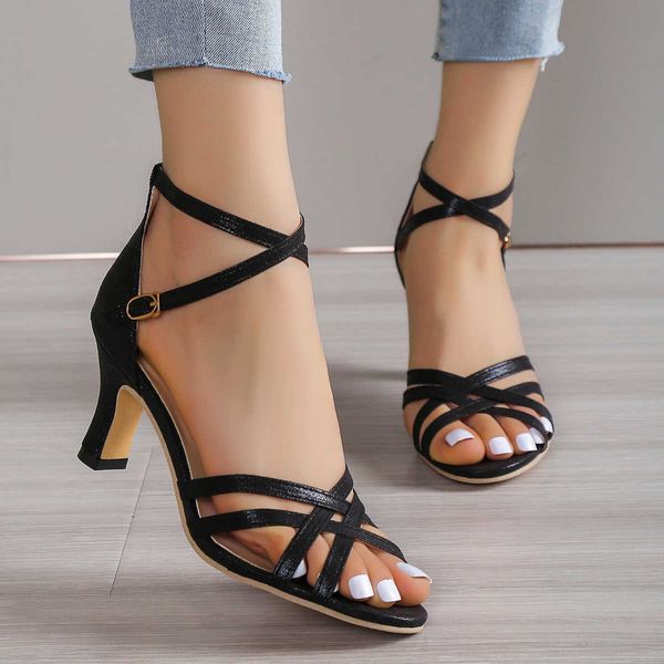 

sandals women's ankle strap gladiator sandals women high heels cross straps gold sandalias mujer plus size 43 summer shoes woman 2023 y, Black