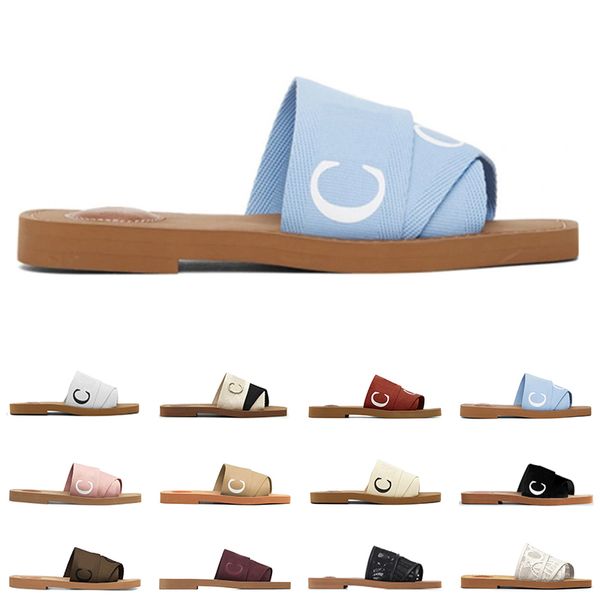 

designer women woody sandals mules flat slides beige white black blue brown pink lace lettering fabric canvas slippers womens summer outdoor