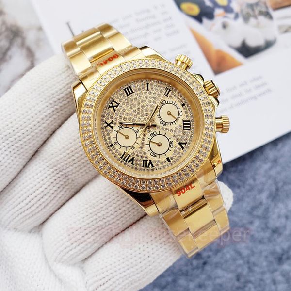 

fully automatic mechanical men's watch 39.52mm gold version diamond inlaid roman numerals multi dial waterproof luminous fashion busine, Slivery;brown