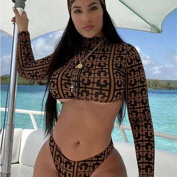 

swimwear 3 piece sunkini set geometric print bikini plus size women bandana zipper swimwear split bathing suit swimsuit xl2894, Black