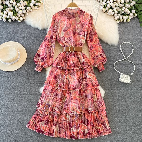 

2023 casual dresses vintage beach dress women stand collar long lantern sleeve paisley multilayer cascading party chiffon dress, Black;gray