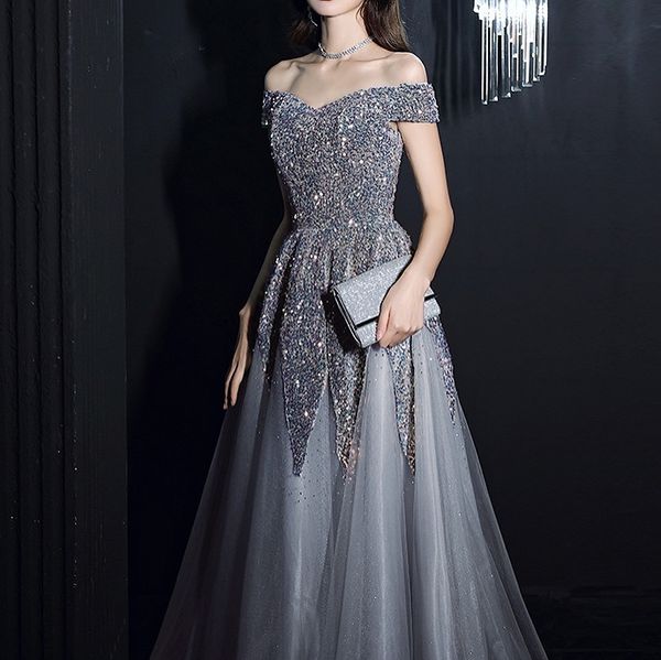 

luxurious celebrity dresses off the shoulder shiny sequins lace up ruched gray pink formal banquet party prom evening gowns new, Black;red