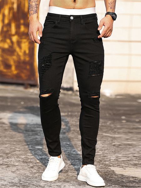 

mens jeans streetwear fashion black ripped skinny jeans men slim hip hop denim trousers spring casual jeans for men jogging jean homme 23040, Blue