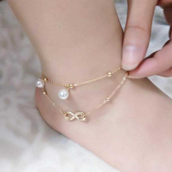 

anklets vintage charm foot jewelry chain anklets for women gold simulated pearl 8 pendant beach jewelry cheville bracelet for leg aa230406, Red;blue