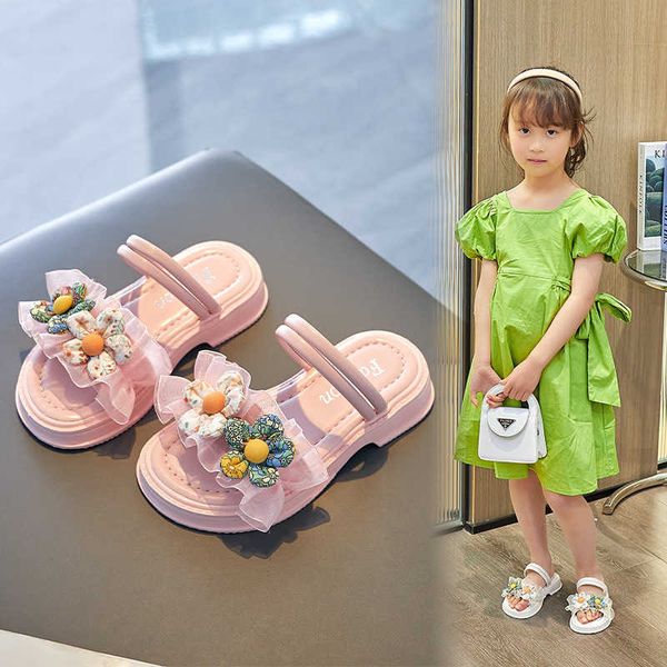 

slipper kids shoes girls slippers 2023 summer new princess children lace flowers two wear sandals style flat flip-flops slides y2304, Black;grey