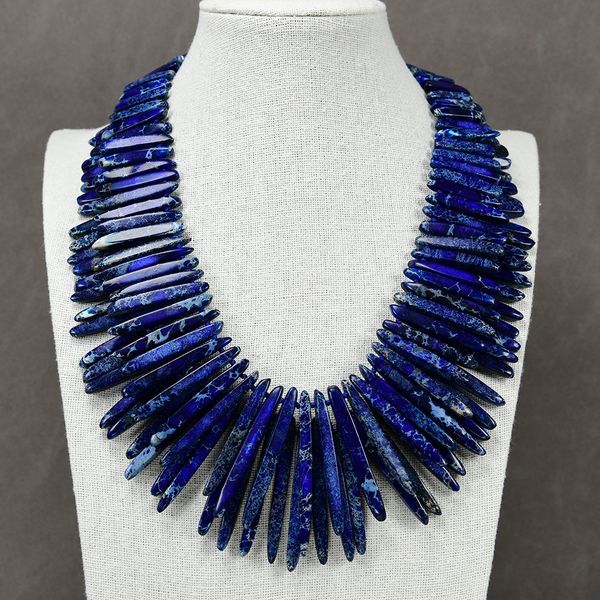 

beaded necklaces 20" 2 strands blue sea sediment jasper drilled stick necklace handmade women jewelry gifts, Silver