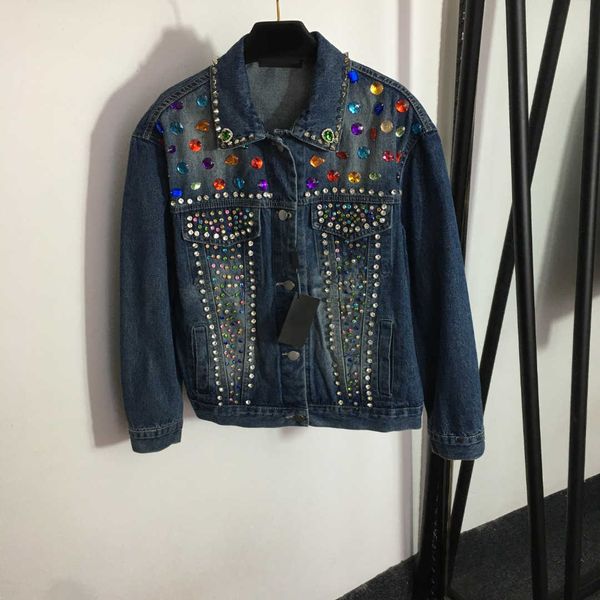

23ss denim coat womens designer clothing womens jacket heavy industry nail drill color nail bead lapel long sleeve denim coat women clothes, Black;brown