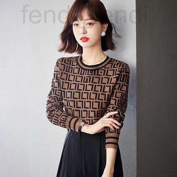 

women's wool & blends designer 2022 autumn new fashion versatile temperament round neck slim classic plaid long sleeve t-shirt women pp, Black