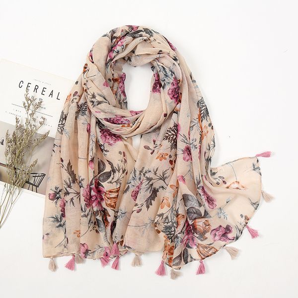 

scarves laven printed soft linen cotton scarf shawls women luxury premium foulard femme long fresh floral tassel scarfs echarpe 230407, Blue;gray